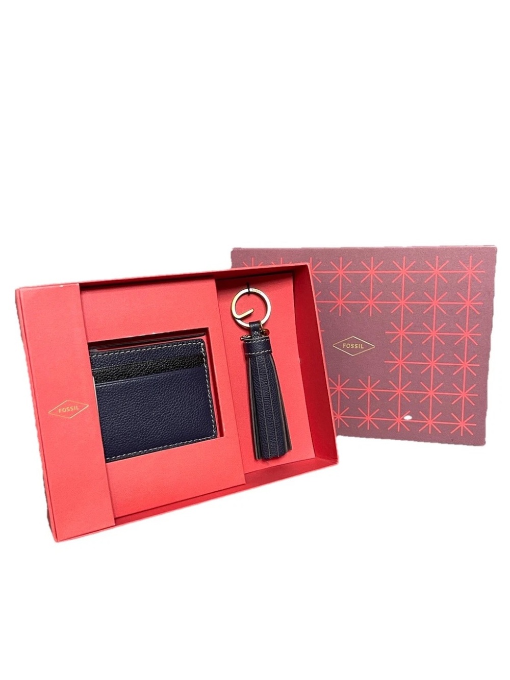 Fossil 2-Piece Card Holder & Tassel
Keychain Set Navy & Black Leather $80
New